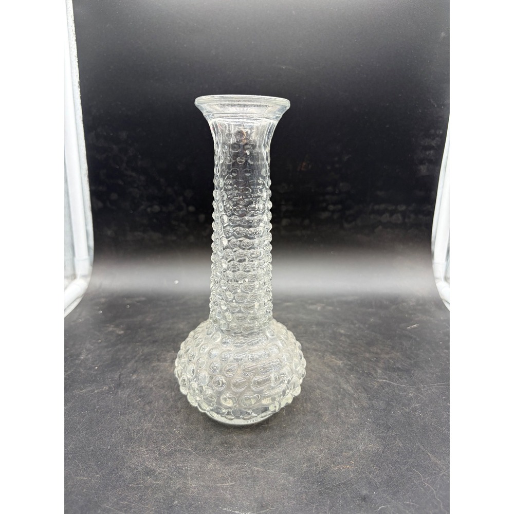 Vintage Clear Glass Hobnail Bud Vase Bulbous Base Flared Rim USA Made 8.5 Inch